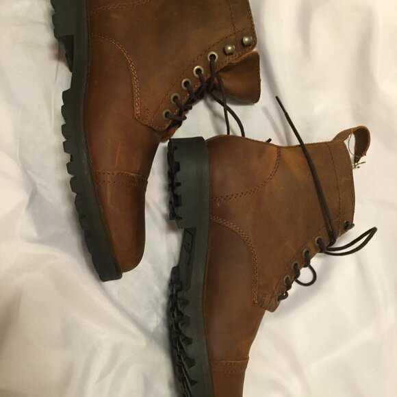 Patina  Brown Leather Lace-up Lug Boots Men's Size 10 Cap Toe LOOP PULL DETACHED - Picture 8 of 11